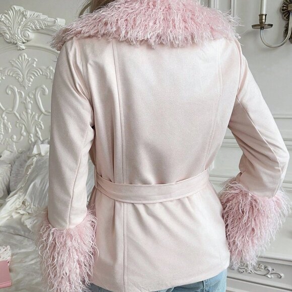 Pink Plush Women's Long Sleeve Single-Breasted Suede Jacket with Fur Collar - Picture 2 of 5